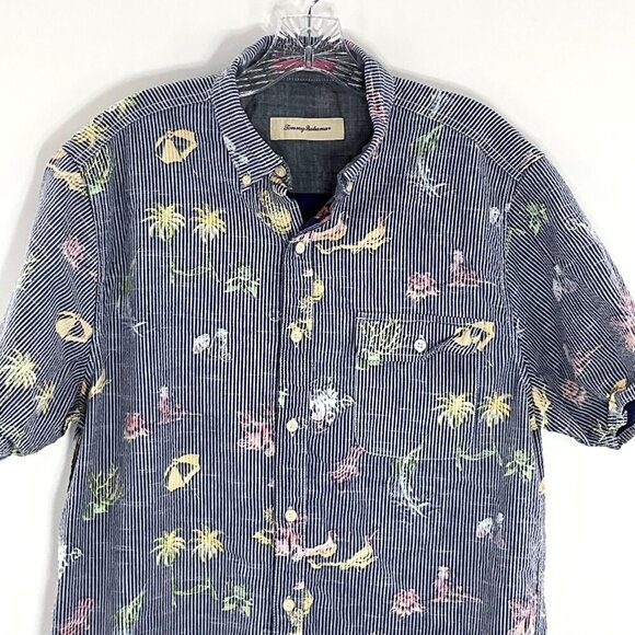 Tommy Bahama Shirt Men M Cotton Button Down‎ Striped Print Travel Vacation - Picture 5 of 13